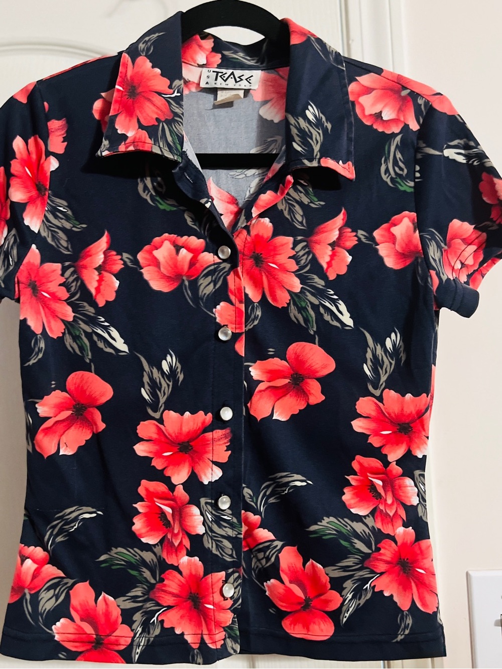 Trac Navy Short-Sleeve Button-Down Top with Bright Coral Floral Print